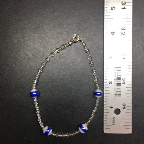 Ankle Bracelet Anklet Blue Striped Silver Lined Clear White Soft Girl Retro BoHo - Picture 5 of 5